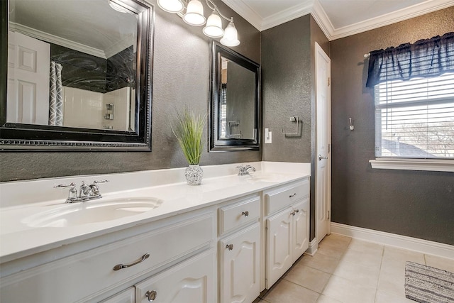 bathroom featuring tile patterned flooring, ornamental molding, curtained shower, and vanity