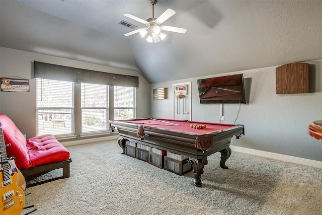 rec room featuring ceiling fan, billiards, lofted ceiling, and carpet