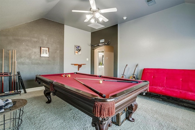 playroom featuring carpet, lofted ceiling, ceiling fan, and billiards