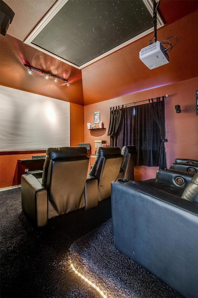 home theater with vaulted ceiling, track lighting, carpet floors, and a textured ceiling