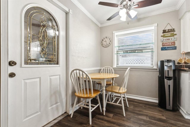 dining area with ornamental molding, dark hardwood / wood-style floors, and ceiling fan