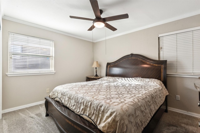 bedroom with ornamental molding, carpet, and baseboards