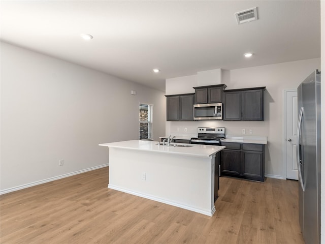 kitchen with baseboards, appliances with stainless steel finishes, light wood finished floors, and visible vents