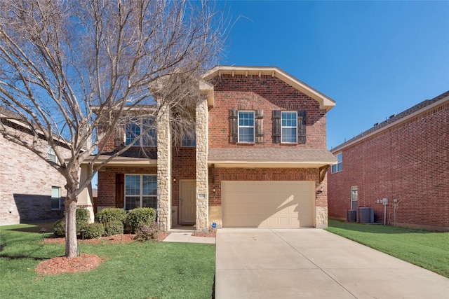 front facade with a garage and a front lawn