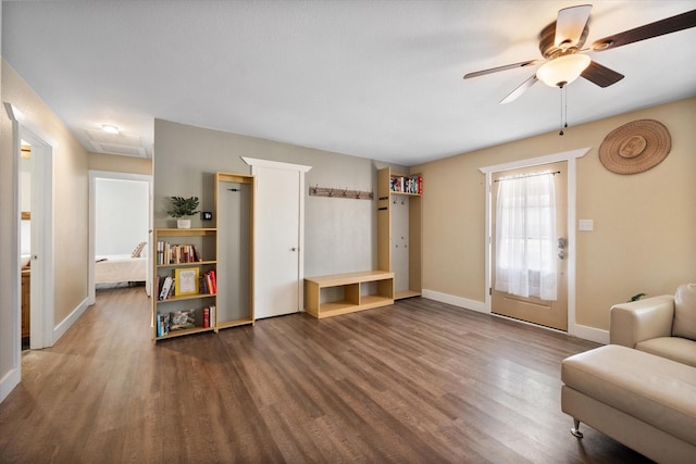 207 Granbury Ct, Granbury, TX 76049 - living room featuring wood finished floors, a ceiling fan, and baseboards
