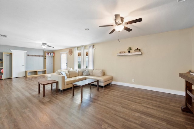 207 Granbury Ct, Granbury, TX 76049 - living area featuring ceiling fan, wood finished floors, and baseboards