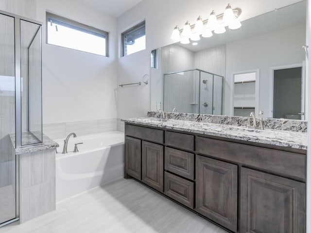 bathroom featuring vanity and independent shower and bath