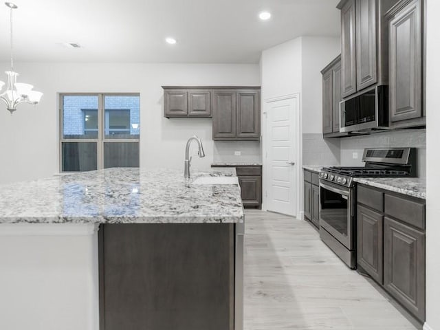 kitchen with sink, hanging light fixtures, stainless steel appliances, a kitchen island with sink, and backsplash