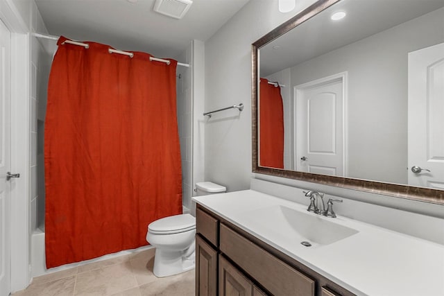 bathroom with visible vents, toilet, shower / bath combo, tile patterned flooring, and vanity