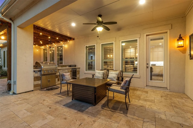 view of patio featuring area for grilling, outdoor lounge area, and a ceiling fan