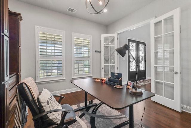 office featuring french doors and dark hardwood / wood-style floors