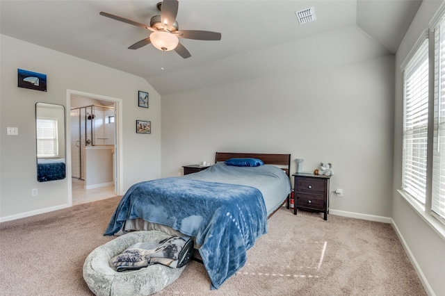 carpeted bedroom featuring lofted ceiling and ceiling fan