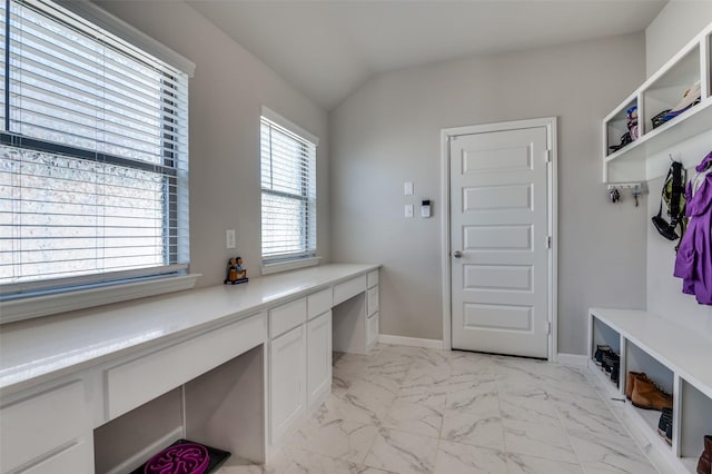 bathroom featuring vaulted ceiling