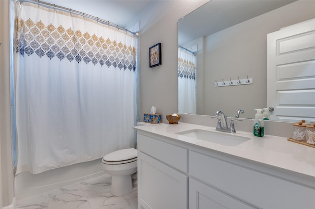 full bathroom with shower / tub combo with curtain, vanity, and toilet