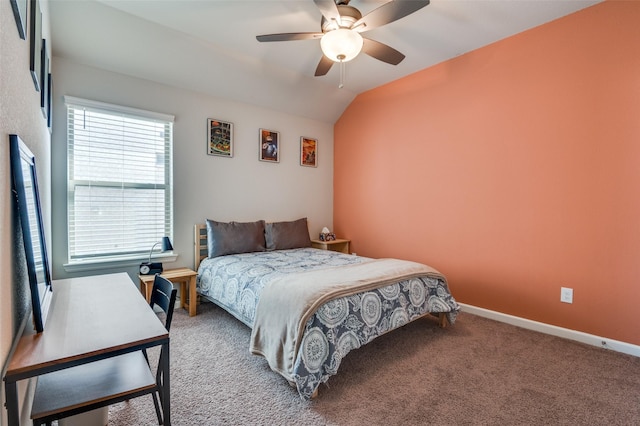 carpeted bedroom with lofted ceiling and ceiling fan