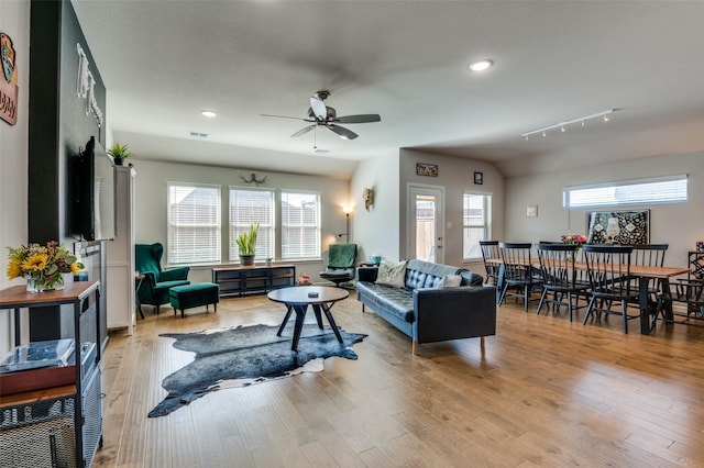 living room featuring vaulted ceiling, a healthy amount of sunlight, track lighting, and light wood-type flooring