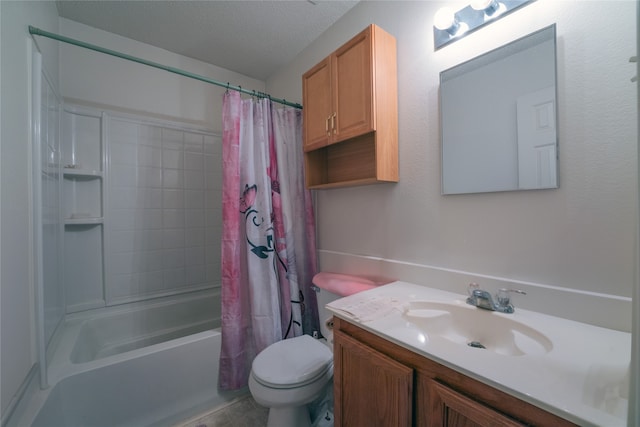 full bathroom with vanity, a textured ceiling, toilet, and shower / bath combo