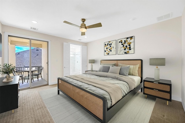 bedroom featuring ceiling fan, access to exterior, and light carpet