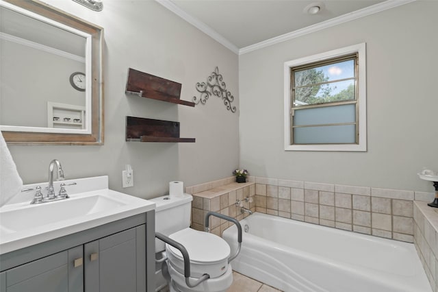 bathroom with crown molding, tile patterned flooring, a bathing tub, vanity, and toilet