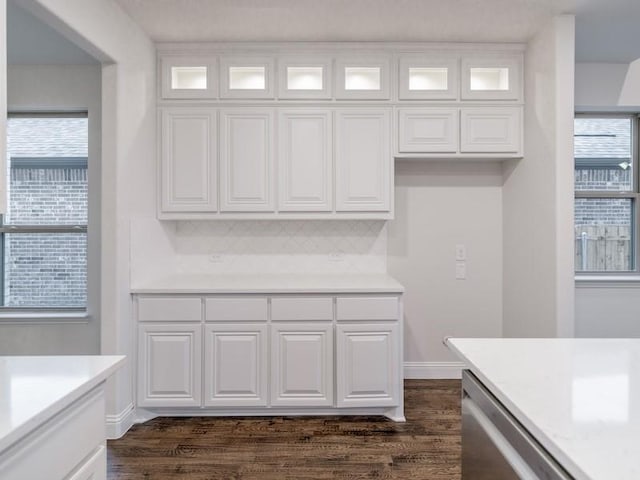 kitchen with white cabinetry, dark hardwood / wood-style floors, and stainless steel dishwasher