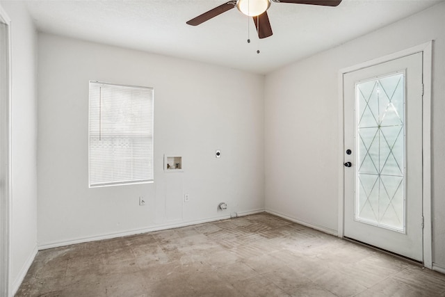 laundry area featuring electric dryer hookup, hookup for a washing machine, and ceiling fan