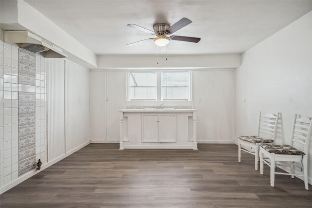 unfurnished dining area featuring ceiling fan, sink, and dark hardwood / wood-style floors