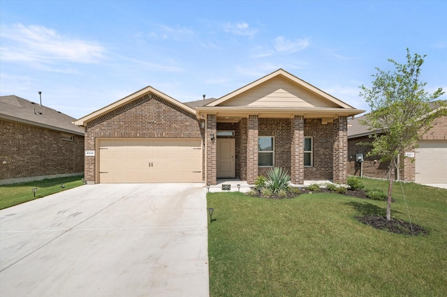 ranch-style home featuring a garage and a front yard