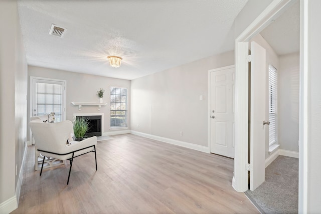 sitting room featuring a textured ceiling and light wood-type flooring