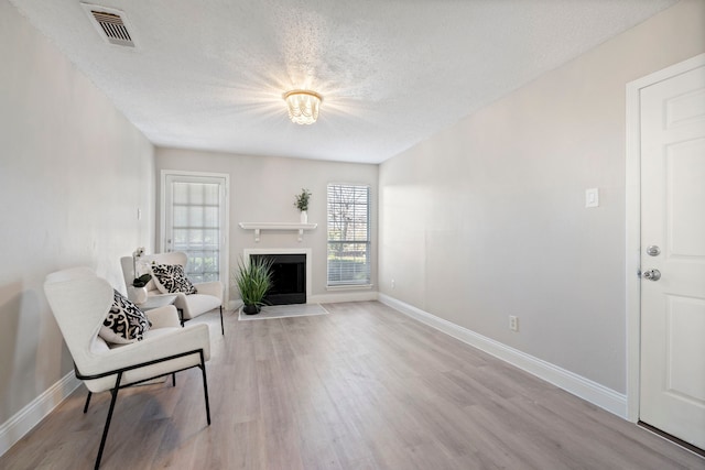 sitting room with a textured ceiling and light hardwood / wood-style flooring