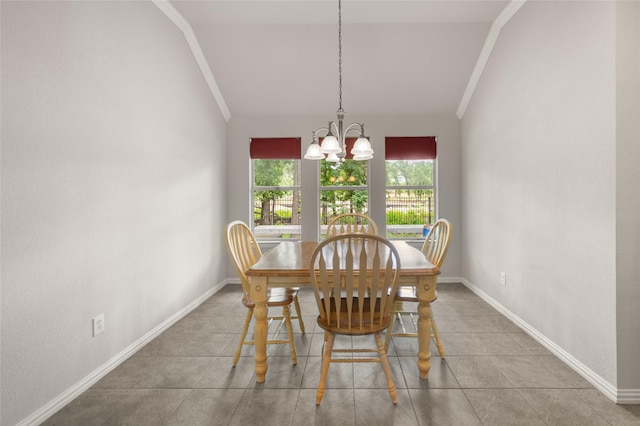 1417 Flying Jib Dr, Azle, TX 76020 - tiled dining space featuring lofted ceiling, a chandelier, baseboards, and ornamental molding