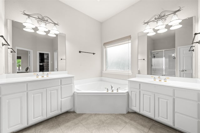 1417 Flying Jib Dr, Azle, TX 76020 - full bathroom with a shower stall, two vanities, a garden tub, and tile patterned flooring