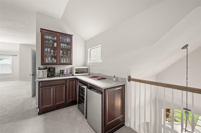 1417 Flying Jib Dr, Azle, TX 76020 - indoor bar featuring wine cooler, lofted ceiling, light colored carpet, white microwave, and healthy amount of natural light