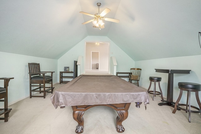 rec room featuring ceiling fan, pool table, vaulted ceiling, and light carpet