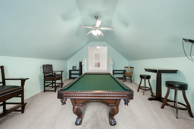 1417 Flying Jib Dr, Azle, TX 76020 - playroom with billiards table, vaulted ceiling, carpet, ceiling fan, and baseboards