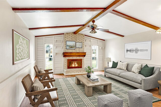 unfurnished living room featuring ceiling fan, wood-type flooring, lofted ceiling with beams, and a brick fireplace