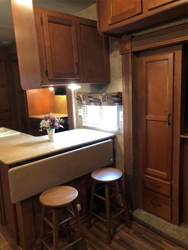 kitchen featuring dark hardwood / wood-style floors and a kitchen breakfast bar