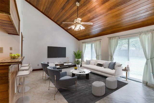 living room featuring wood ceiling, ceiling fan, and vaulted ceiling