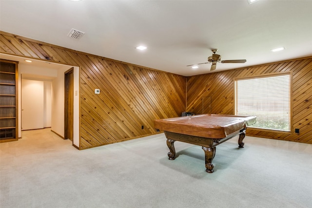 recreation room with pool table, light colored carpet, and ceiling fan