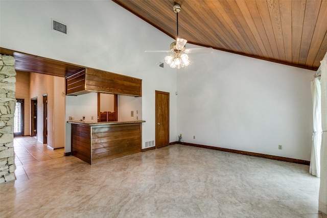 kitchen with high vaulted ceiling, wooden ceiling, and ceiling fan