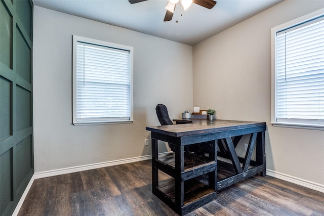 office featuring ceiling fan, dark hardwood / wood-style floors, and a wealth of natural light