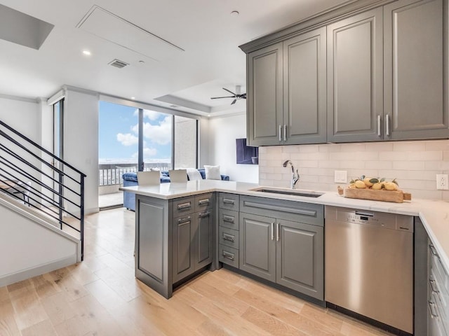 kitchen with sink, gray cabinets, backsplash, stainless steel dishwasher, and kitchen peninsula