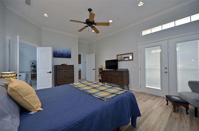 bedroom with french doors, crown molding, light hardwood / wood-style flooring, access to outside, and ceiling fan