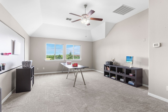 playroom with lofted ceiling, carpet floors, and ceiling fan