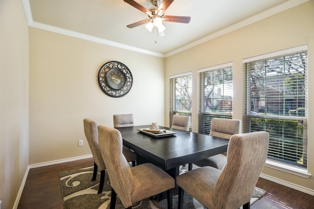 dining space with ornamental molding, dark hardwood / wood-style floors, and ceiling fan