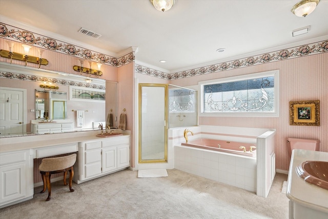 bathroom with vanity and plus walk in shower