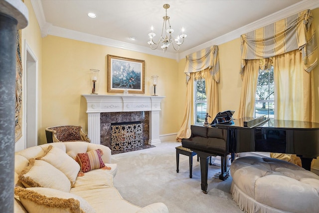 sitting room with an inviting chandelier, ornamental molding, light colored carpet, and a fireplace