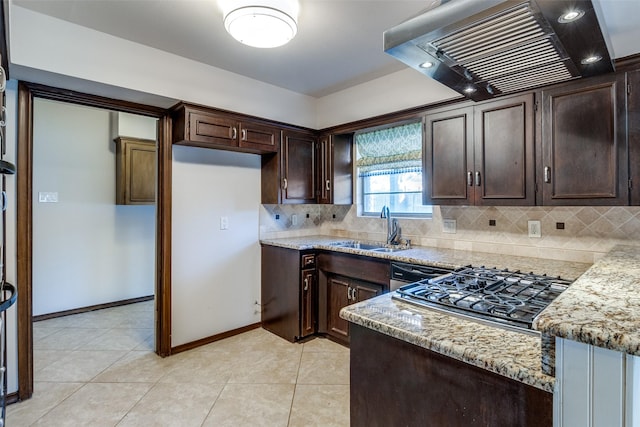 kitchen featuring sink, stainless steel appliances, light stone counters, ventilation hood, and light tile patterned flooring