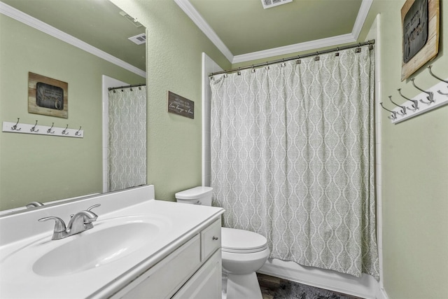 full bathroom with shower / tub combo with curtain, toilet, crown molding, wood-type flooring, and vanity