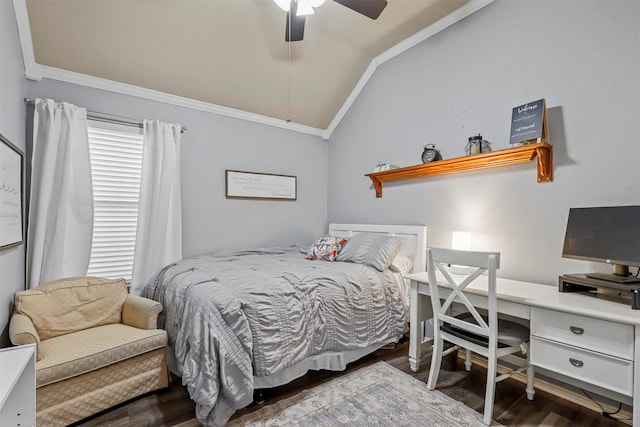 bedroom with dark wood-type flooring, ceiling fan, ornamental molding, and vaulted ceiling