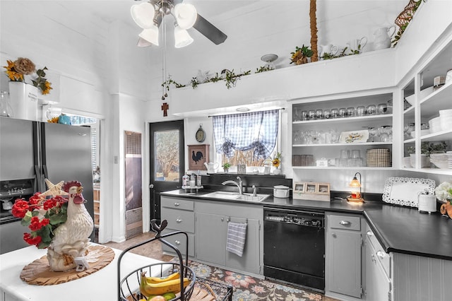 kitchen with sink, black dishwasher, stainless steel fridge with ice dispenser, and gray cabinetry